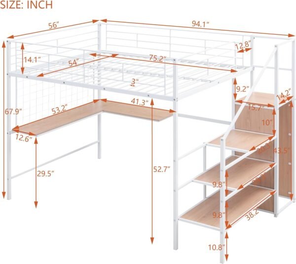 BIADNBZ Full Size Loft Bed with Desk and Grid, Stylish Metal Bedframe with Lateral Storage Ladder and Wardrobe, for Kids Teens Adults, White - Image 2