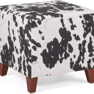 Square Footrest Ottoman Stool Seat with Linen Fabric and Non-Skid Wooden Legs, Black Cow