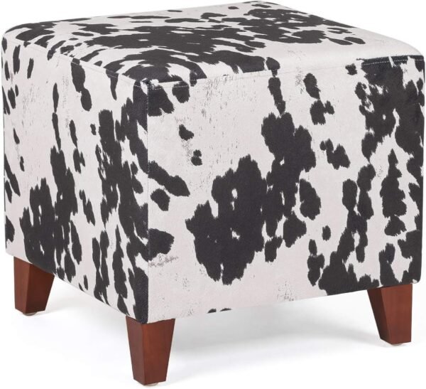 Square Footrest Ottoman Stool Seat with Linen Fabric and Non-Skid Wooden Legs, Black Cow