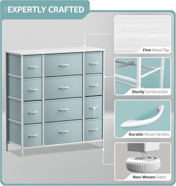 Sorbus Kids Dresser with 12 Drawers - Chest Organizer Unit with Steel Frame Wood Top & Handle, Fabric Bins for Clothes - Large Furniture for Bedroom Hallway Kids Room Nursery & Closet (Aqua) - Image 4