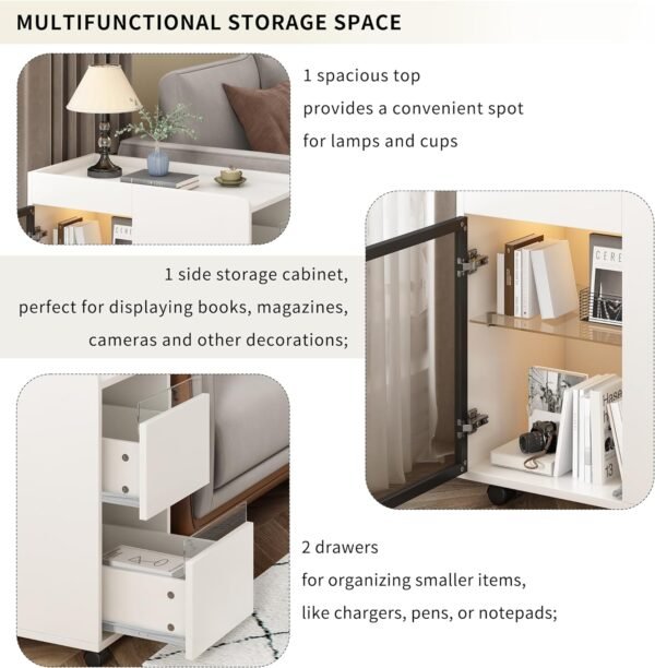 Modern End Table Side Table with Wheels, Narrow End Table with Transparent Brown Glass Door, 2 Storage Shelves and Drawers, Versatile Nightstand for Living Room (White * 121) - Image 7