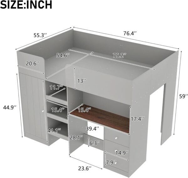 Full Size Loft Bed with Wardrobes and Desk,Wooden Frame with Storage Stairs and Cabinet Built-in 3 Drawers for Kids Adults Girls,Gray - Image 2