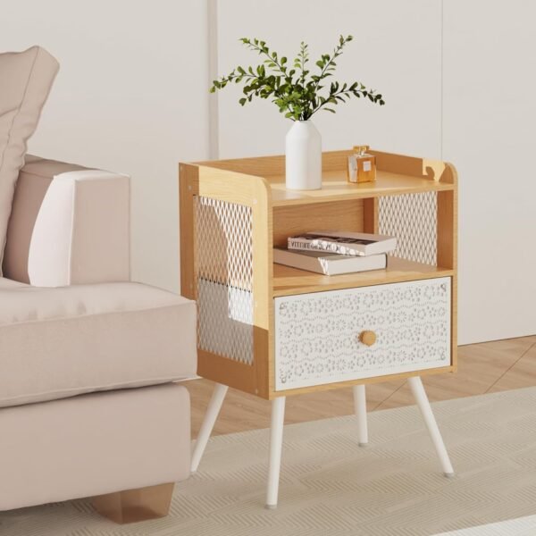 Nightstand, Bedside Table with Metal Drawers, End Table with Open Shelf, 2-Tier Open Adjustable Metal Floral Drawer Night Stand for Sofa Side Table, Bedroom Bedside Table, Maple White - Image 2