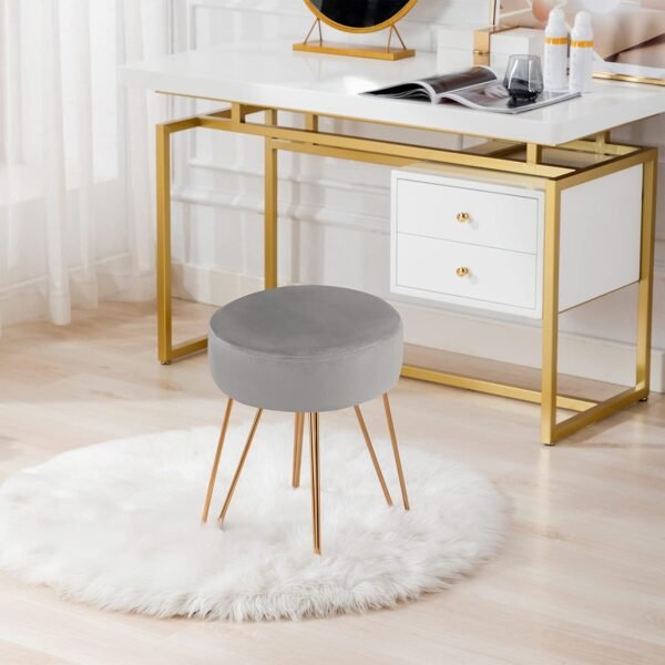 DUHOME Velvet Ottoman, Makeup Vanity Stool, Contemporary Stool, Mongolian Round Metal Stool, Vanity Stool, Furry Ottoman Stool, Modern Accent Stools Grey - Image 2