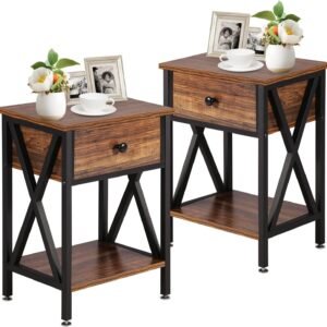 VECELO Night Stands for Bedroom Rustic Nightstand Bedside End Tables with Drawer Storage, 2 Pack, Brown(2 Pack)