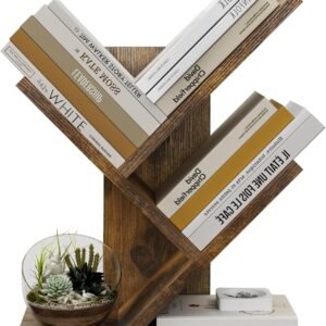 Tajsoon Tree Bookshelf 3 Tier Book Storage Organizer Shelves, Desktop Bookshelf Floor Standing Bookcase Display for CDs/Magazine/Books, Small Bookshelf for Bedroom, Living Room Office, Rustic Brown
