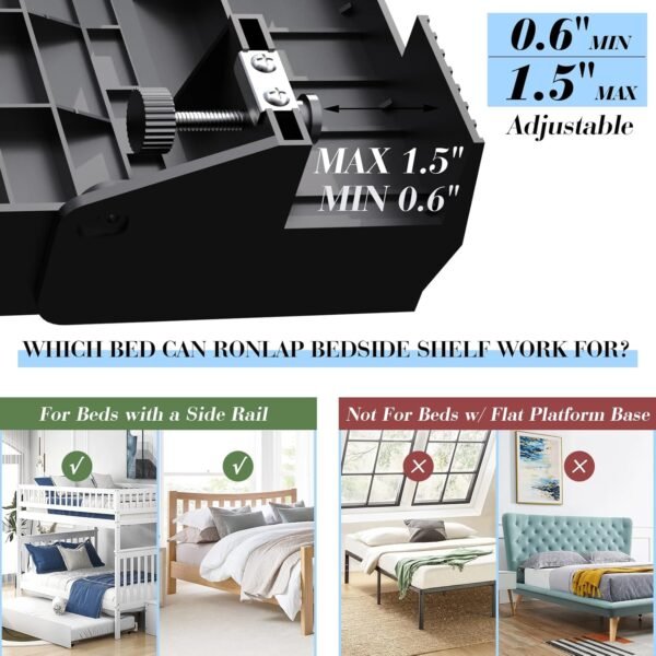 Ronlap Folding Bedside Shelf, Bunk Bed Shelf Organizer for Top Bunk Clip On Nightstand for Loft Bed Plastic Bedside Shelf Tray for Kids with Cupholder Hooks Hanging Cup, Small Size, Black - Image 2