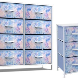Sorbus Kids Dresser with 8 Drawers and 3 Drawer Nightstand Bundle – Matching Furniture Set – Storage Unit Organizer Chests for Clothing – Bedroom, Kids Rooms, Nursery, & Closet (Tie Dye)