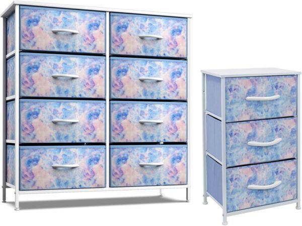 Sorbus Kids Dresser with 8 Drawers and 3 Drawer Nightstand Bundle - Matching Furniture Set - Storage Unit Organizer Chests for Clothing - Bedroom, Kids Rooms, Nursery, & Closet (Tie Dye)