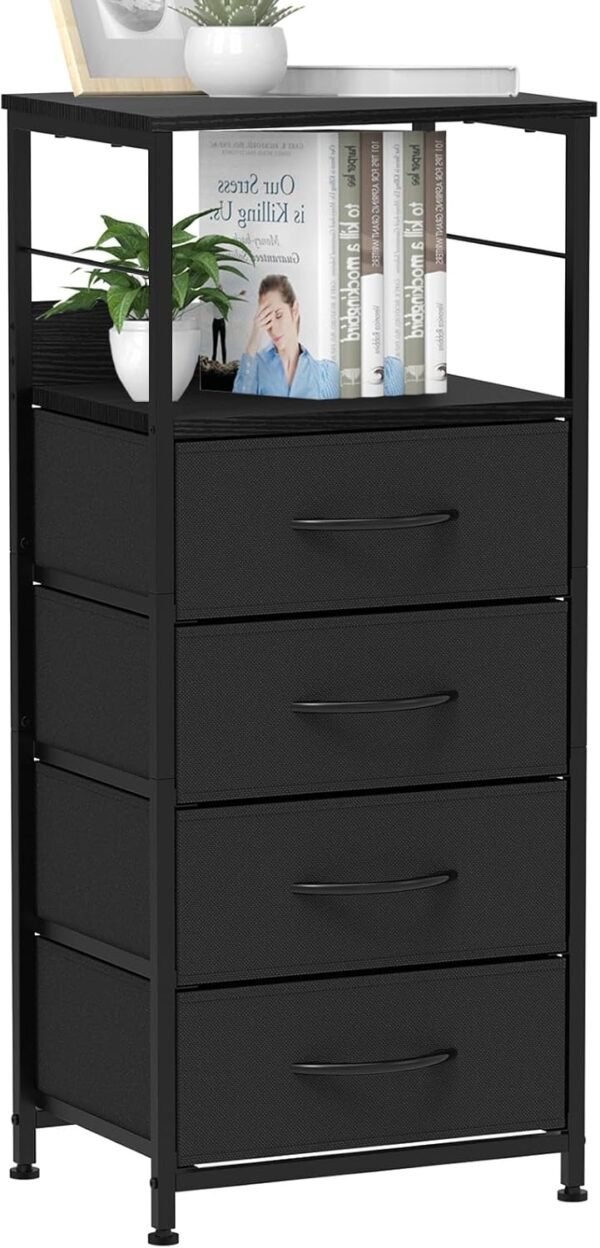 YBING Nightstand with Drawers End Table for Bedroom Night Stand with Fabric Storage Side Table for Living Room Home Dorm, Wood Top, Black