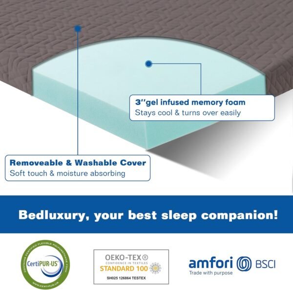BedLuxury Mattress Topper Memory Foam 3 Inch California King Size Gel Mattress Pad Cover with 18" Deep Pocket for Pressure Relief Bed Topper with Grey Removable Rayon Made from Bamboo Cover - Image 3
