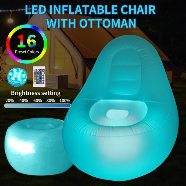 Inflatable LED Chair for Adults Kids,Illuminated Blow Up Lounger Chair with Ottoman,Swimming Pool Air Chair with Ottoman for Adults,Inflatable Game Sofa for Picnics Hiking(Without Pump) - Image 5