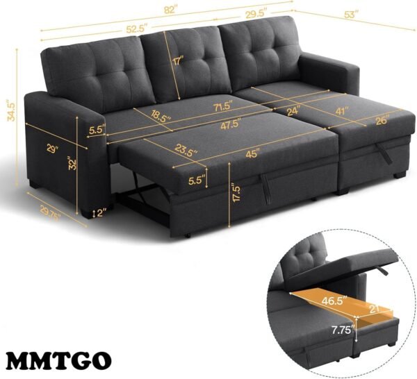 MMTGO Corner Pull Out Sleeper Sofa, with Storage Chaise and Arms, L-Shape Reversible Linen Sectional-Couch for Apartment, Living Room, Home Furniture, 82, Gray - Image 2