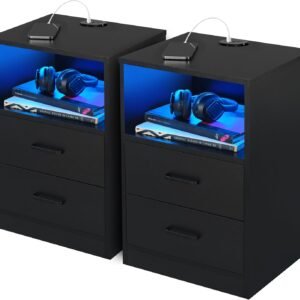 PrimeZone LED Nightstand with Charging Station – Modern Night Stand End Side Table with 3 USB Ports, Wooden Bedside Table with 2 Drawers & Open Storage LED Lights for Bedroom, Black, Set of 2