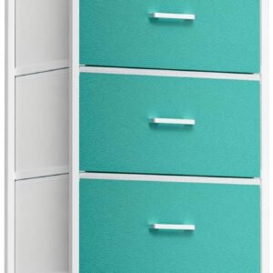 Dresser for Bedroom with 5 Drawers, Tall Storage Tower for Closet, Living Room, Nursery, Blue Dresser with Sturdy Steel Frame, Fabric Bins, Leather Finish, Wood Top, Aqua Blue