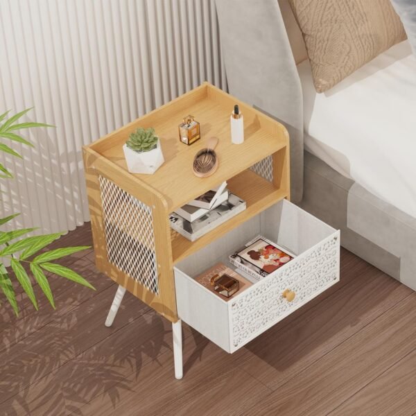 Nightstand, Bedside Table with Metal Drawers, End Table with Open Shelf, 2-Tier Open Adjustable Metal Floral Drawer Night Stand for Sofa Side Table, Bedroom Bedside Table, Maple White - Image 8