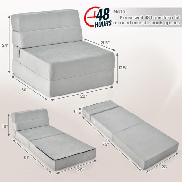 KOMFOTT Tri Folding Sofa Bed, Convertible Sleeper Chair Bed, 6" Breathable High-Density Foam Futon Floor Couch Sleeping Mattress, Portable Guest Bed Lazy Couch with Removable & Washable Cover (Gray) - Image 3