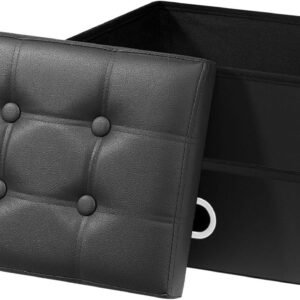 AmasSmile® Folding Storage Ottoman Foot Rest Stool, 17 inch Leather Footstool Bench, Short Ottoman Bench, Storage Foot Rest Store, Books,Records Support 300 lbs, Black