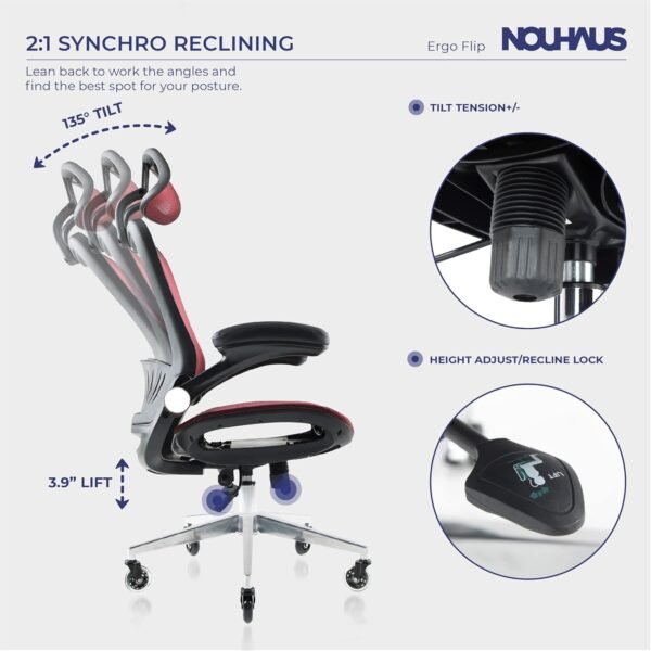 Nouhaus Ergonomic Mesh Office Chair Comfy Gaming Chairs with Adjustable Headrest & Armrest, Big and Tall Swivel Desk Computer Chair Tilt Function(ErgoFlip, Burgundy) - Image 5