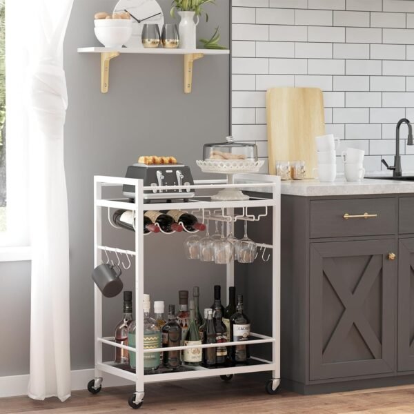 TUTOTAK Bar Cart, Serving Cart for Home, Microwave Cart, Drink Cart, Mobile Kitchen Shelf with Wine Rack and Glass Holder, Rolling Beverage Cart, White BC01BW031 - Image 2