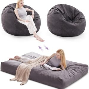 Giant Bean Bag Chair, Large Bean Bag Chairs for Adults, Convertible Bean Bag Bed, Big Beanbag Chair with Microfiber Cover, Huge Bean Bag Couch Sofa Floor Bed Mattress, Foam Filler (Black Full)