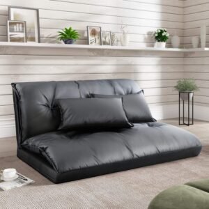 Fluffy Lazy Sofa, Adjustable Floor Sofa Bed with 2 Lumbar Pillows, Floor Chaise Lounge Sofa Chair with 5 Reclining Position, Video Gaming Sofa for Bedroom Living Room (Black+PU Leather)