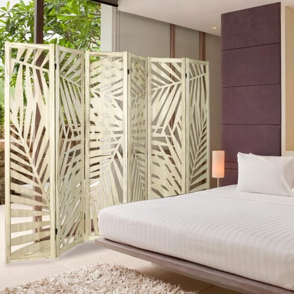 Babion 6 Panel Room Divider, 5.6FT Portable Wall Dividers, Room Dividers and Folding Privacy Screens, Wood Cutout Engraving Room Divider Screens for Office, Bedroom, Natural Brown - Image 8