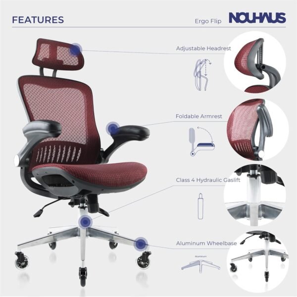 Nouhaus Ergonomic Mesh Office Chair Comfy Gaming Chairs with Adjustable Headrest & Armrest, Big and Tall Swivel Desk Computer Chair Tilt Function(ErgoFlip, Burgundy) - Image 2