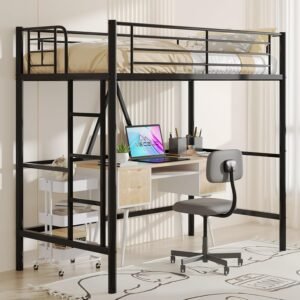 VECELO Loft Bed Twin Size, Metal Bedframe with Removable Ladder and Safety Guardrail, No Box Spring Needed, Space Saving, Noise Free, Black