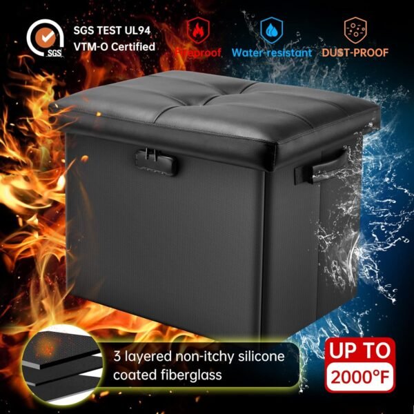 DocSafe Storage Ottoman with Lock,Fireproof Folding Ottoman Foot Rest Stool Storage Chest with Storage Safe for Important Documents,Waterproof 17 Inches Short Ottoman Foot Stool with Handles,Black - Image 5