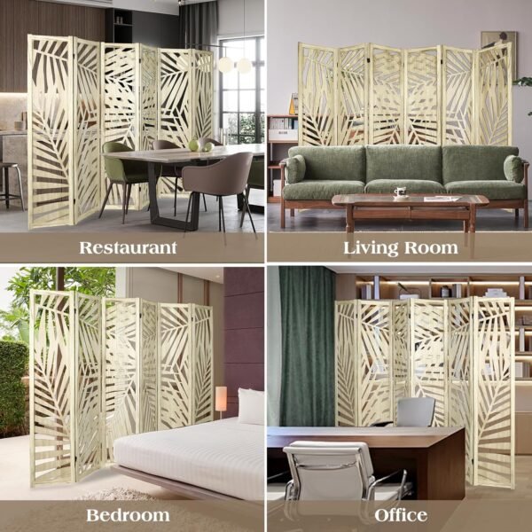 Babion 6 Panel Room Divider, 5.6FT Portable Wall Dividers, Room Dividers and Folding Privacy Screens, Wood Cutout Engraving Room Divider Screens for Office, Bedroom, Natural Brown - Image 7