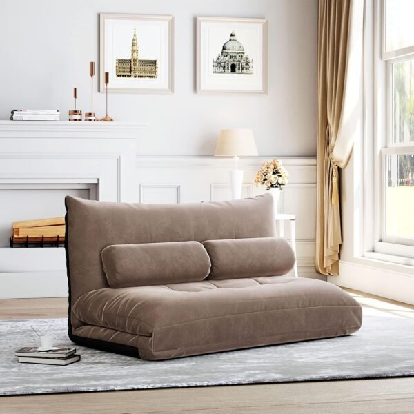 P PURLOVE Adjustable Floor Sofa Bed with 2 Pillows, Folding Lazy Sofa with 5 Reclining Position, Futon Floor Couch for Reading or Gaming in Bedroom/Living Room/Balcony, Light Brown