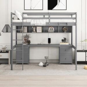 Full Size Loft Bed with Desk, 4 Drawers and Shelves, Wooden Loftbed with Charging Station&USB Ports and Bedside Tray, for Kids Teens Adults Dorm Bedroom, Gray