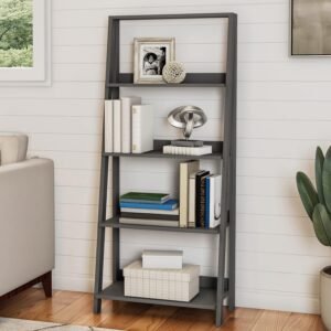 Lavish Home 4-Tier Ladder Bookshelf – Freestanding Shelved Bookcase with Leaning Look for Living Room, Bathroom, and Kitchen Storage (Gray)