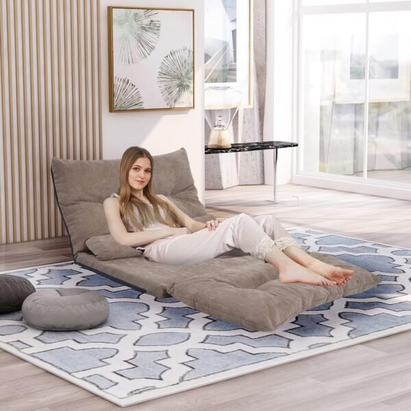 P PURLOVE Adjustable Floor Sofa Bed with 2 Pillows, Folding Lazy Sofa with 5 Reclining Position, Futon Floor Couch for Reading or Gaming in Bedroom/Living Room/Balcony, Light Brown - Image 3