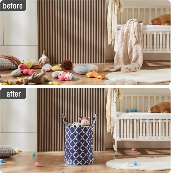 TECHMILLY 63L Large Laundry Basket with Long Handles, Collapsible Kids Laundry Hamper, Toy Storage Basket for Nursery, Bedroom Decor for Baby Girls and Boys (Blue Lattice) - Image 2