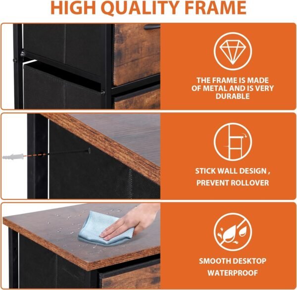 ZENY 9 Drawers Dresser, Fabric Storage Tower, Organizer Unit for Bedroom, Living Room, Hallway, Closet, Nursery, Tall Chest with Fabric Bins, Steel Frame, Wooden Top & Easy Pull Handle (Rustic Brown) - Image 5