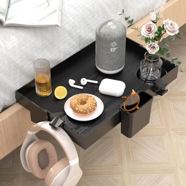 Ronlap Folding Bedside Shelf, Bunk Bed Shelf Organizer for Top Bunk Clip On Nightstand for Loft Bed Plastic Bedside Shelf Tray for Kids with Cupholder Hooks Hanging Cup, Small Size, Black