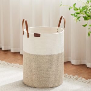 VIPOSCO Small Laundry Basket, Slim Baby Hamper with Leather Handle, Cute Woven Rope Storage Basket for Blanket, Kids Toy, Clothes In Living Room, Bathroom, Bedroom, Nursery Room – 30L White & Brown