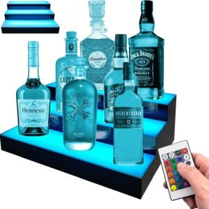 LED Lighted Liquor Bottle Shelf, 16 Inch Bar Shelf 3 Tier with Remote, Bottle Stand Multi-Color Lighting Modes for Bars
