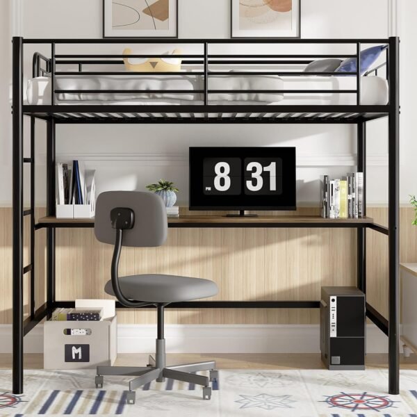 VECELO Loft Bed Twin Size with Desk, Metal Bedframe with Removable Ladder and Safety Guardrail, No Box Spring Needed, Space Saving, Noise Free, Black - Image 6