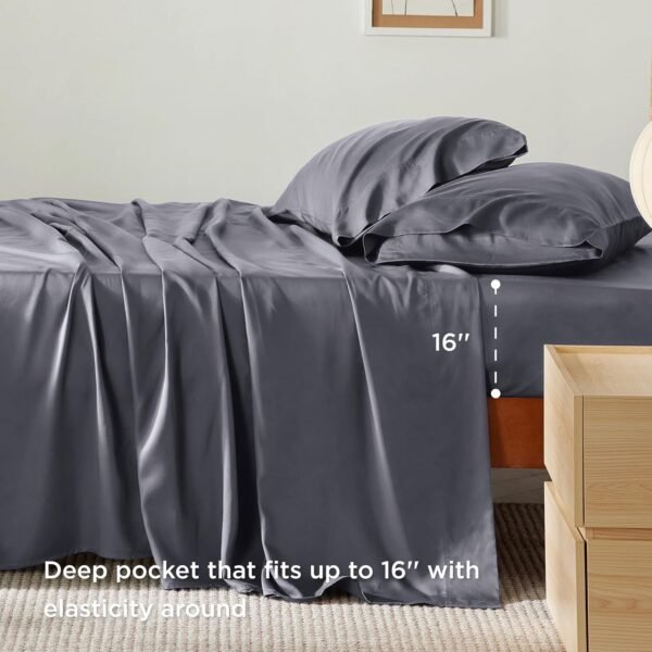 Bedsure Queen Sheet Set, Cooling Sheets for Queen Size Bed Set, Rayon Derived from Bamboo, Breathable & Soft Deep Pocket Up to 16", Hotel Luxury Silky Bedding Sheets & Pillowcases, Dark Grey - Image 3