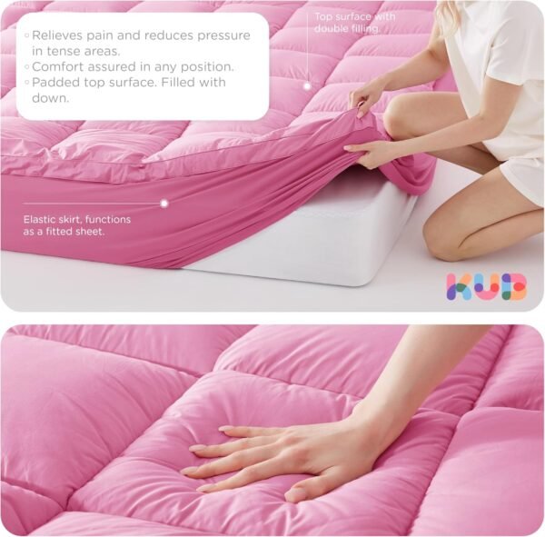 KÜB Cooling Cal King Mattress Topper, Cotton Pillow Top with 8-21 Inch Deep Pocket, 3D Snow Down Alternative Fill, Breathable Fluffy College Dorm Mattress Pad Cover (Pink, California King 84*72inch) - Image 3