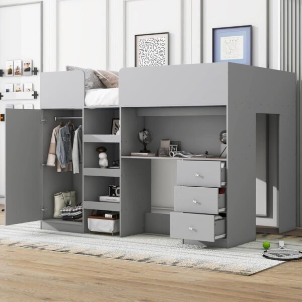 Full Size Loft Bed with Wardrobes and Desk,Wooden Frame with Storage Stairs and Cabinet Built-in 3 Drawers for Kids Adults Girls,Gray - Image 4