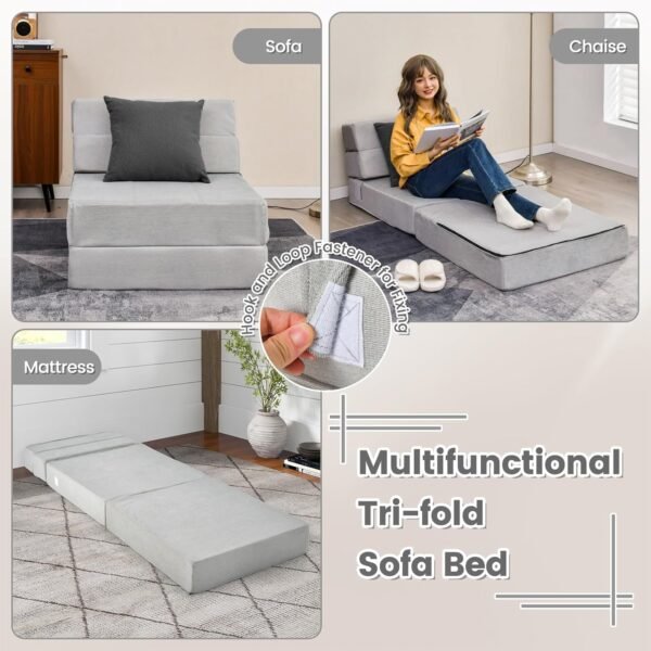 KOMFOTT Tri Folding Sofa Bed, Convertible Sleeper Chair Bed, 6" Breathable High-Density Foam Futon Floor Couch Sleeping Mattress, Portable Guest Bed Lazy Couch with Removable & Washable Cover (Gray) - Image 5
