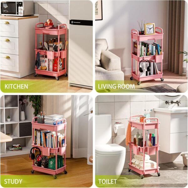 3 Tier Small Rolling Cart Organizer,Laundry Room Bathroom Organizers and Storage Office Shelves Mobile Shelving Unit Kitchen Trolley Cart with Wheels for Art,Craft,Diaper,Bedside,Snack(Pink) - Image 6