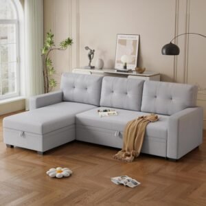 82″ L Shaped Sleeper Sofa, Pull Out Couch Bed with Storage Chaise and 3 Tufted Back Cushion for Living Room,Apartment,Office,Light Gray, 82′