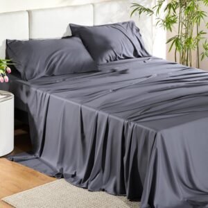 Bedsure Queen Sheet Set, Cooling Sheets for Queen Size Bed Set, Rayon Derived from Bamboo, Breathable & Soft Deep Pocket Up to 16″, Hotel Luxury Silky Bedding Sheets & Pillowcases, Dark Grey