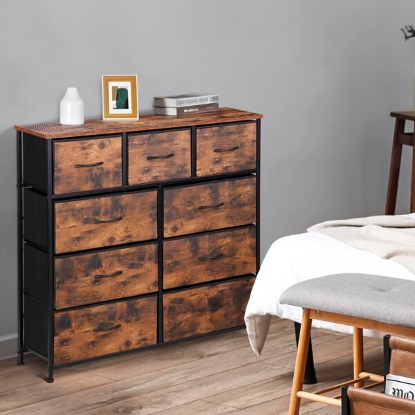 ZENY 9 Drawers Dresser, Fabric Storage Tower, Organizer Unit for Bedroom, Living Room, Hallway, Closet, Nursery, Tall Chest with Fabric Bins, Steel Frame, Wooden Top & Easy Pull Handle (Rustic Brown) - Image 2