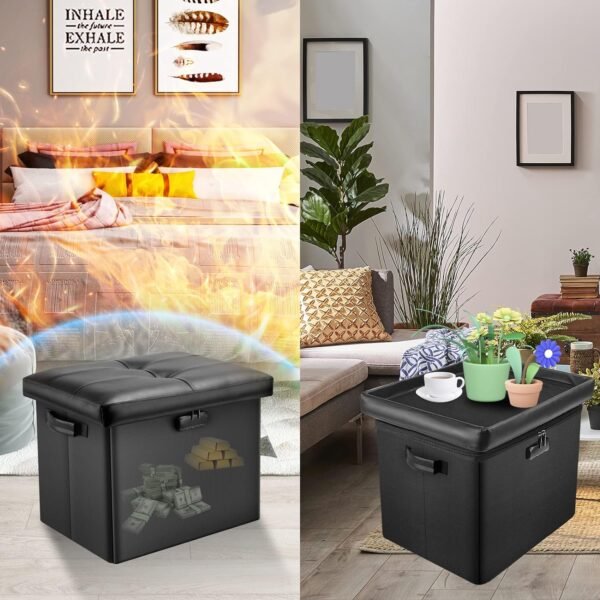 DocSafe Storage Ottoman with Lock,Fireproof Folding Ottoman Foot Rest Stool Storage Chest with Storage Safe for Important Documents,Waterproof 17 Inches Short Ottoman Foot Stool with Handles,Black - Image 2